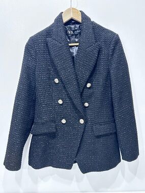 Zara Black Double Breasted Tweed-Style Bouclé Blazer Gold Button Jacket Size S